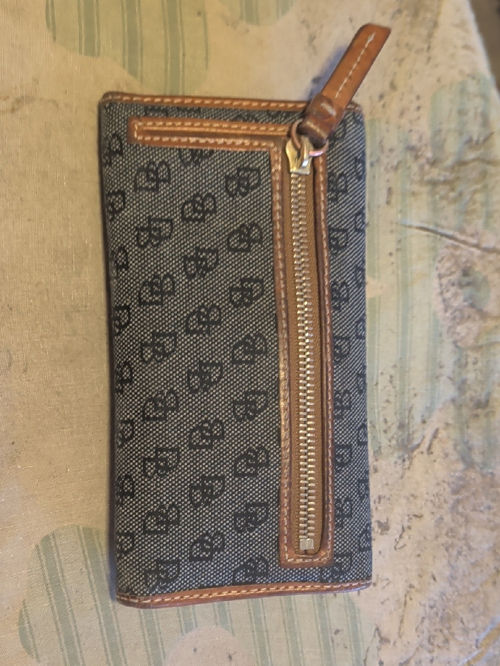 Dooney & Bourke Black Monogram Canvas Wallet with Brown Leather Trim